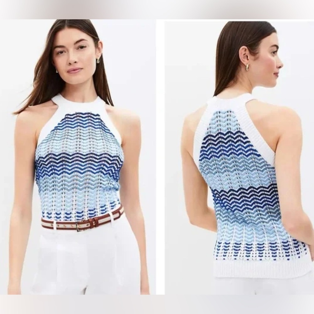 LOFT Blue & White Striped  Knitted Halter Top Racerback Size XL